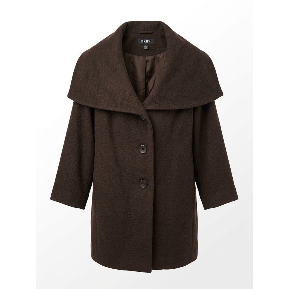 DKNY Coat Womens 1X Brown Oversized Shawl Collar Wool Blend Dark Academia Jacket